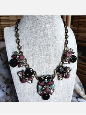 J. Crew Dark Mauve Black Smoke Mint Brass Statement Necklace Lifesaver Clasp EUC